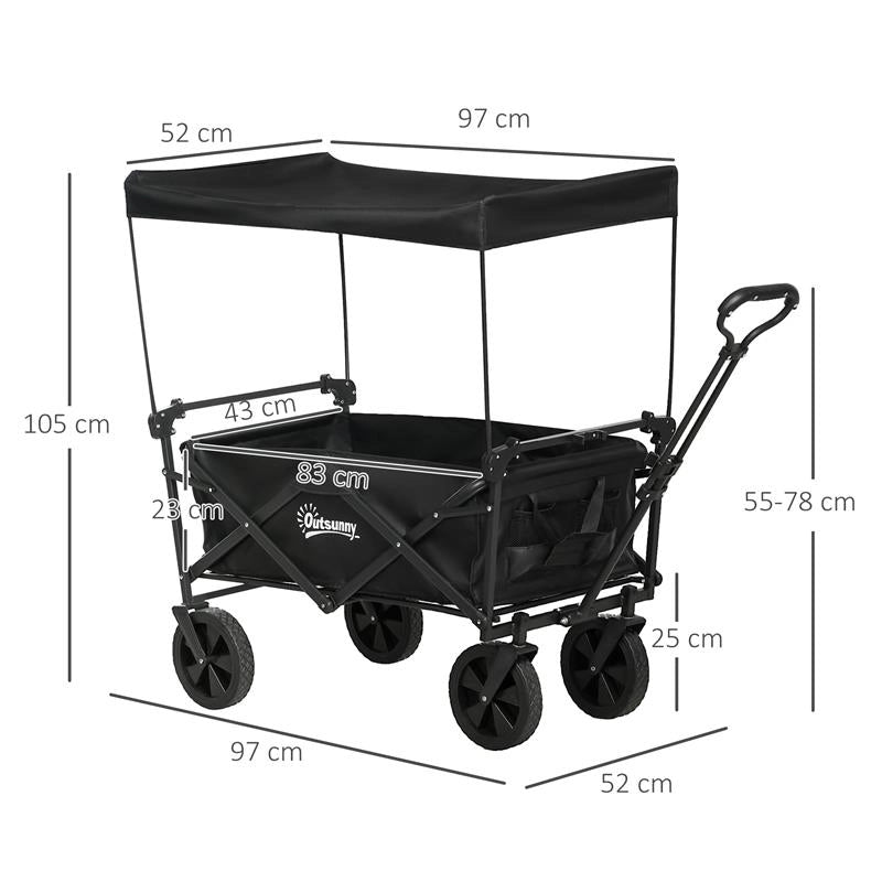 CARRELLO DA GIARDINO 110L CON MANIGLIA TELESCOPICA E TETTUCCIO IN ACCIAIO E TESSUTO OXFORD, NERO
