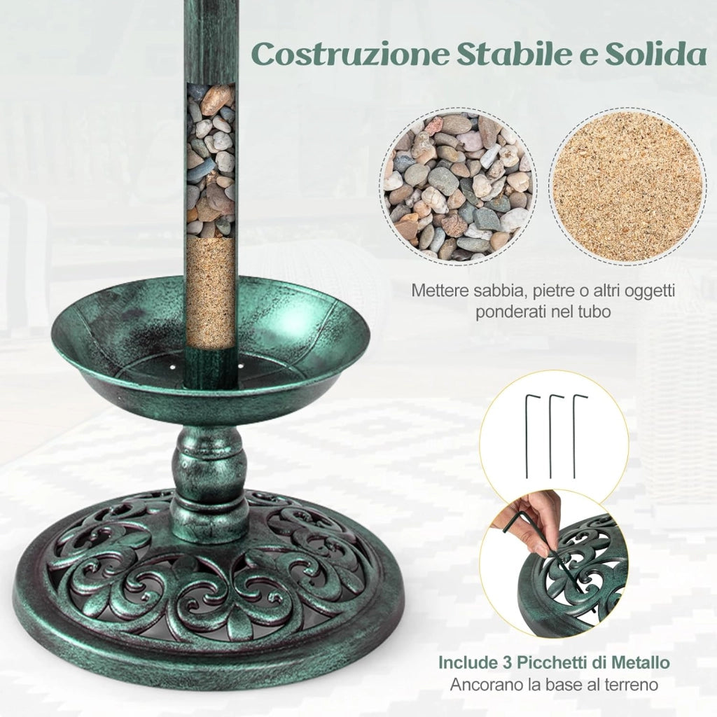Vasca per Uccelli da Giardino a Energia Solare, Abbeveratoio e Mangiatoia per Uccelli da Esterno con 2 Lampade a Energia Solare, Fioriera e Supporto Riempibile (Verde)
