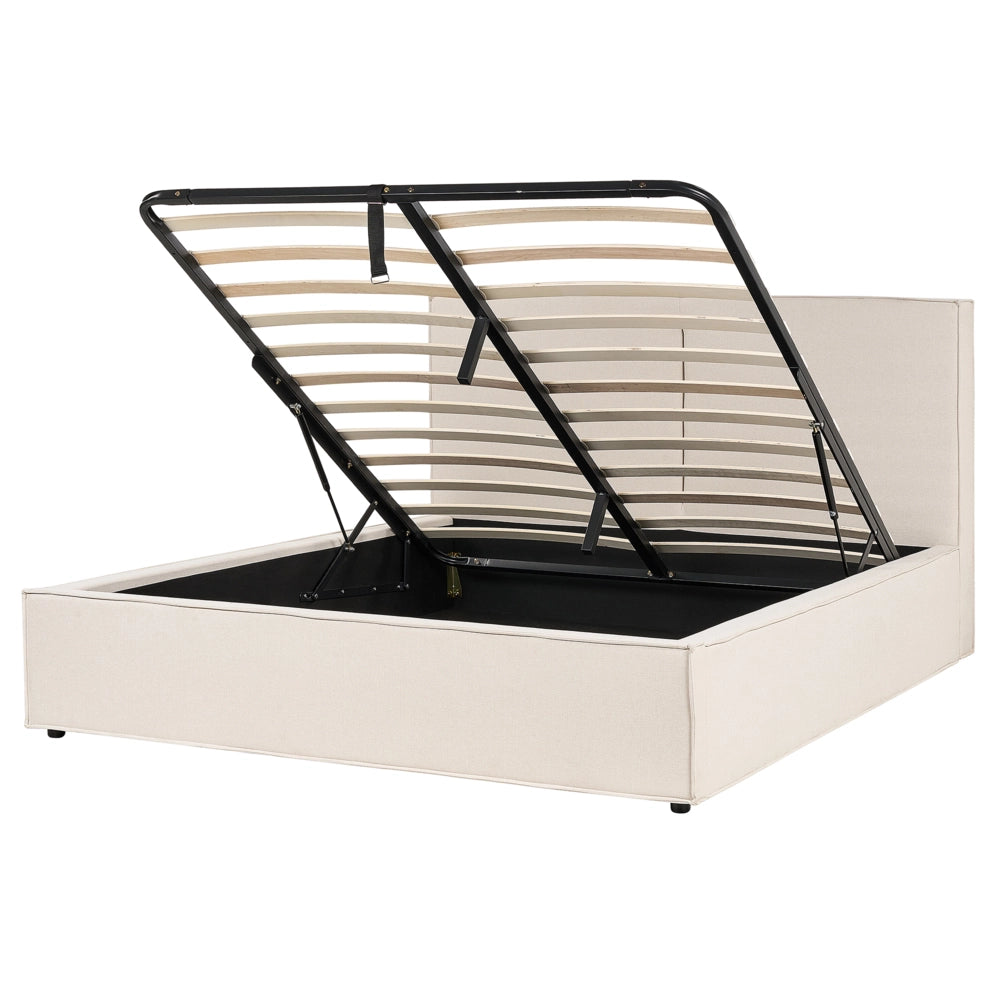 Letto king size 160 x 200 cm Beige Rivestimento in tessuto Ottomana di contenitore Telaio a doghe Camera da letto moderna contemporanea