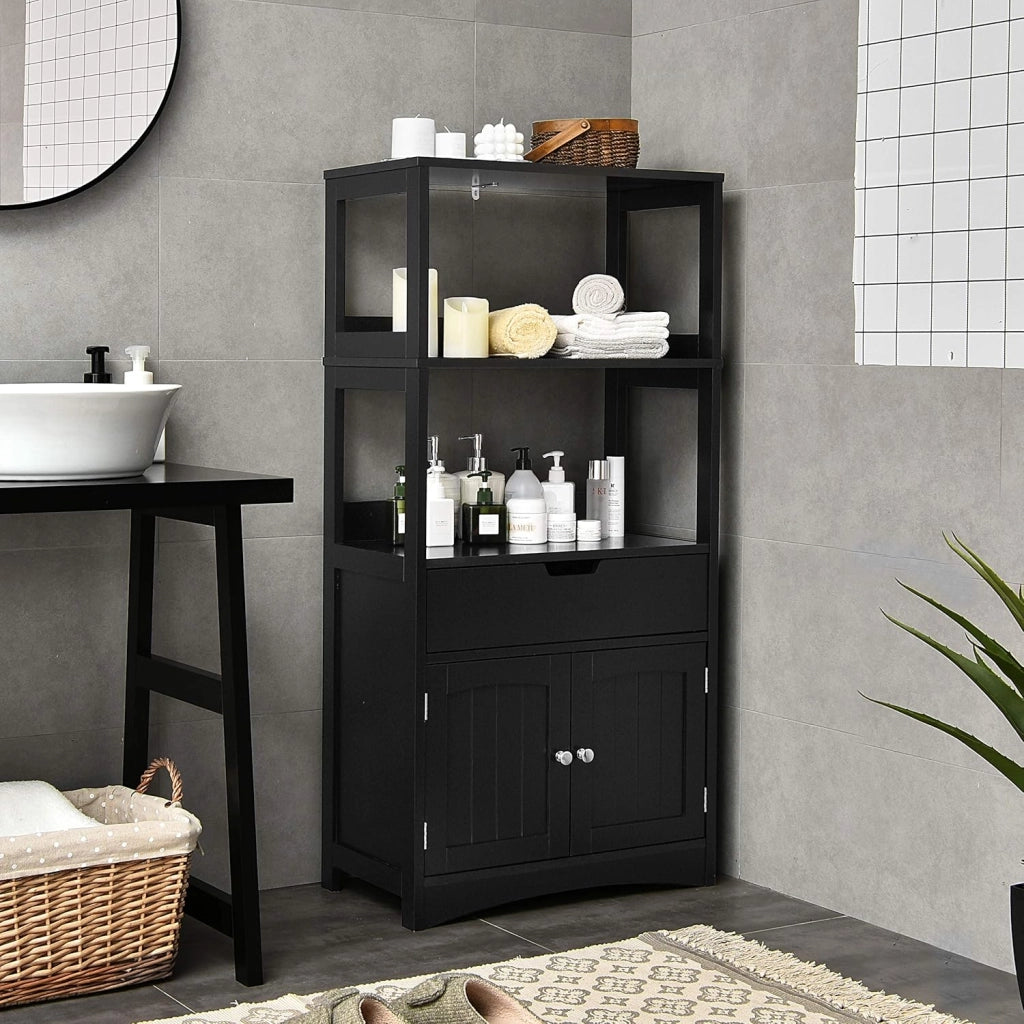 Armadio da bagno con cassetto, armadio alto con 2 ripiani aperti, ripiano multiuso per microonde, 60 x 32,5 x 122 cm (nero)