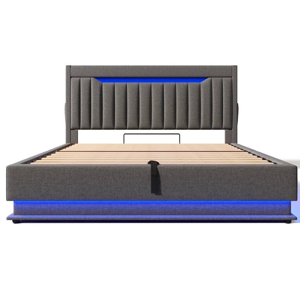 Letto matrimoniale imbottito 180x200 cm con contenitore; LED e USB C; lino grigio