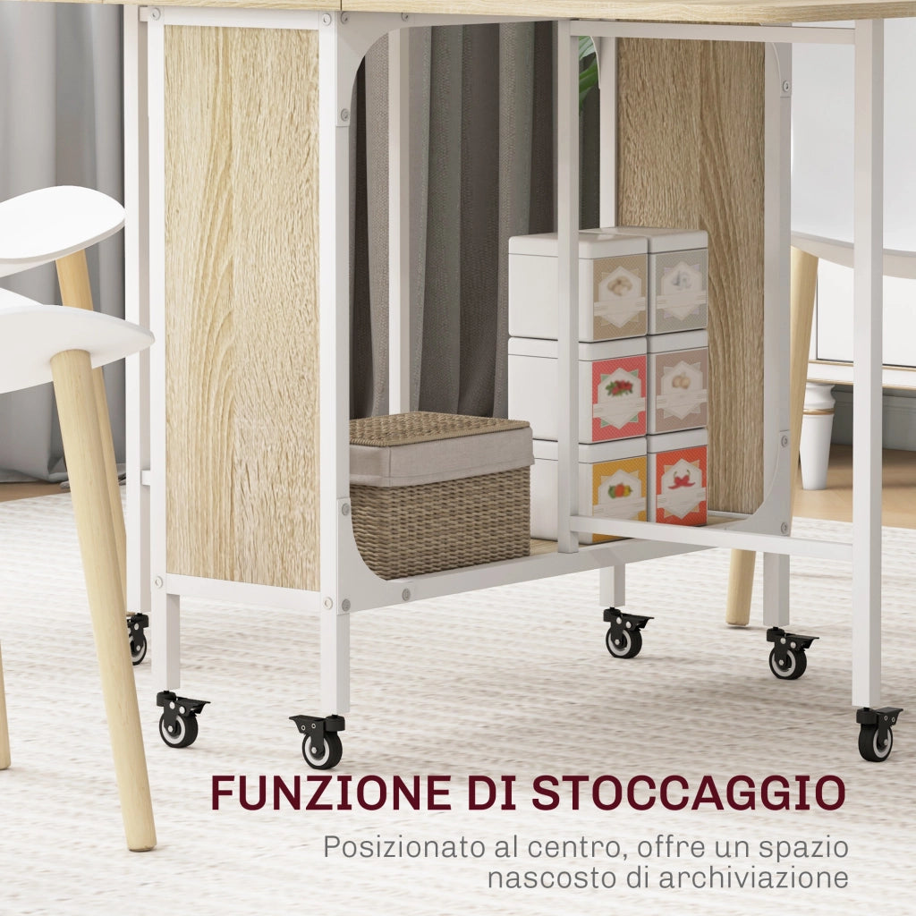 Tavolo da Pranzo Pieghevole per 6 Persone max con Ripiano, in Legno e Metallo, 130x80x74 cm, Bianco e color Legno