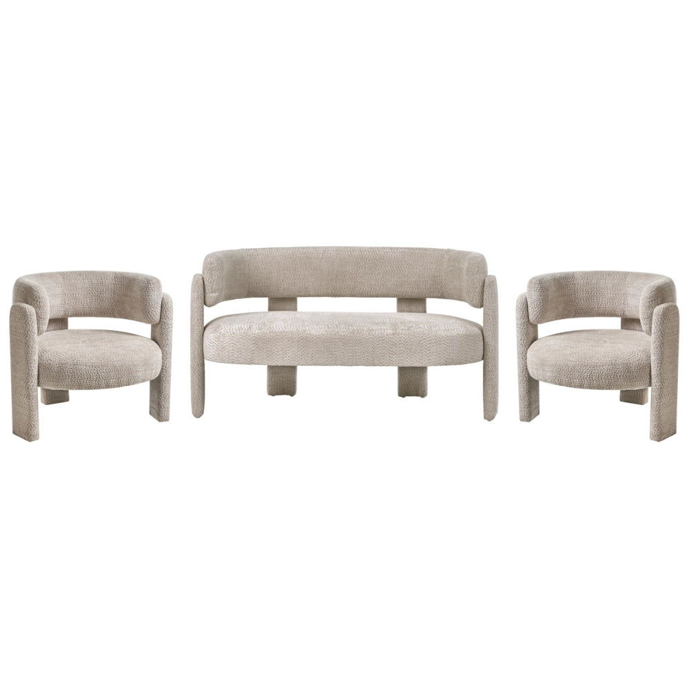 Set da salotto a 4 posti, rivestimento in ciniglia di poliestere beige chiaro, sedute moderne e comode, schienale ricurvo, stile scandinavo