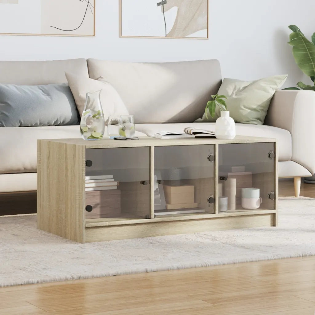 Tavolino da Salotto con Ante in Vetro Rovere Sonoma 102x50x42cm 836415