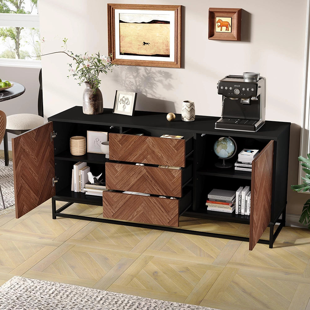 Credenza Soggiorno 145x40x67cm - Xylo - Moderna con 3 Cassetti e 2 Ante, Legno e Nero