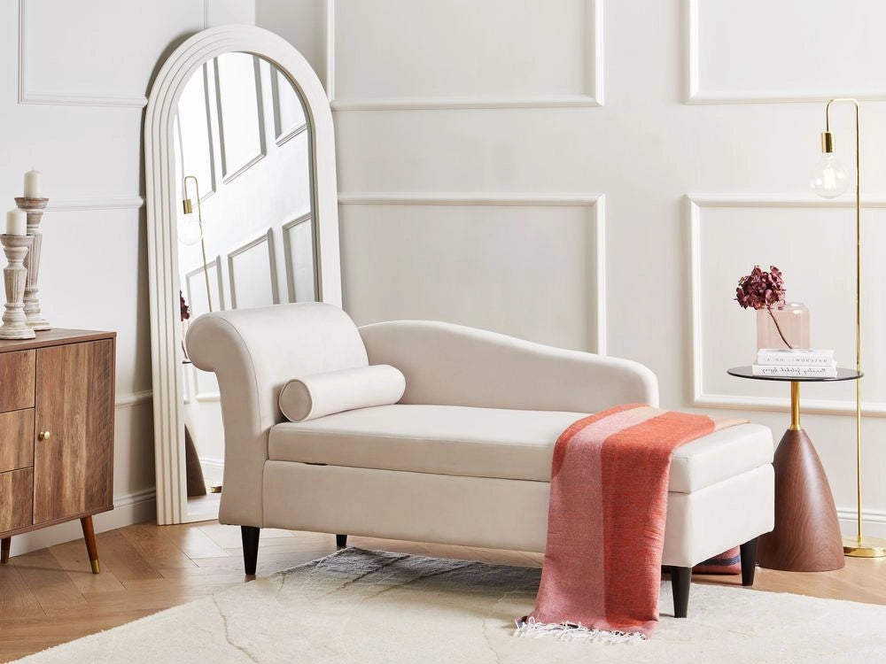 Chaise longue Rivestimento in velluto beige con contenitore a versione sinistra con supporto