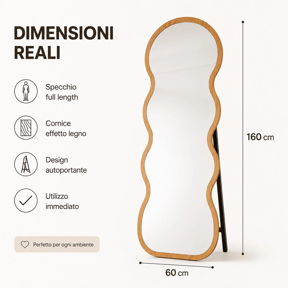 Specchio Ondulato Quercia Autoportante Struttura in Legno Design Moderno 160x60cm