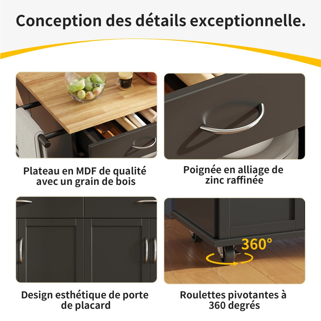 Carrello da Cucina con 2 Cassetti; Piano Ribaltabile; Ruote e Portasciugamani; 106 x 50 x 90.5 cm; Nero