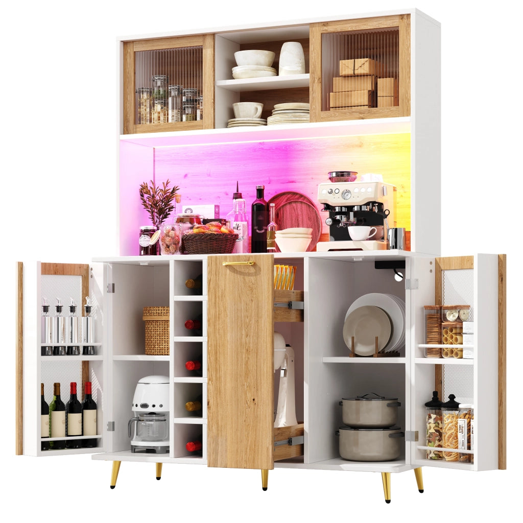 Credenza Multifunzione con LED ¨C MINIMAL ¨C Bianco con Legno, 5 Ante, 120x40x170cm