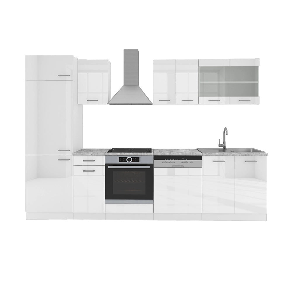 Cucina componibile R-Line Bianco lucido/Bianco 300 cm, PL Marmo Vicco
