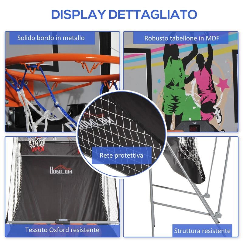 CANESTRI BASKET CON TABELLONE LED 4 PALLONI E 8 MODALITA DI GIOCO 205X110X205 CM BIANCO E NERO