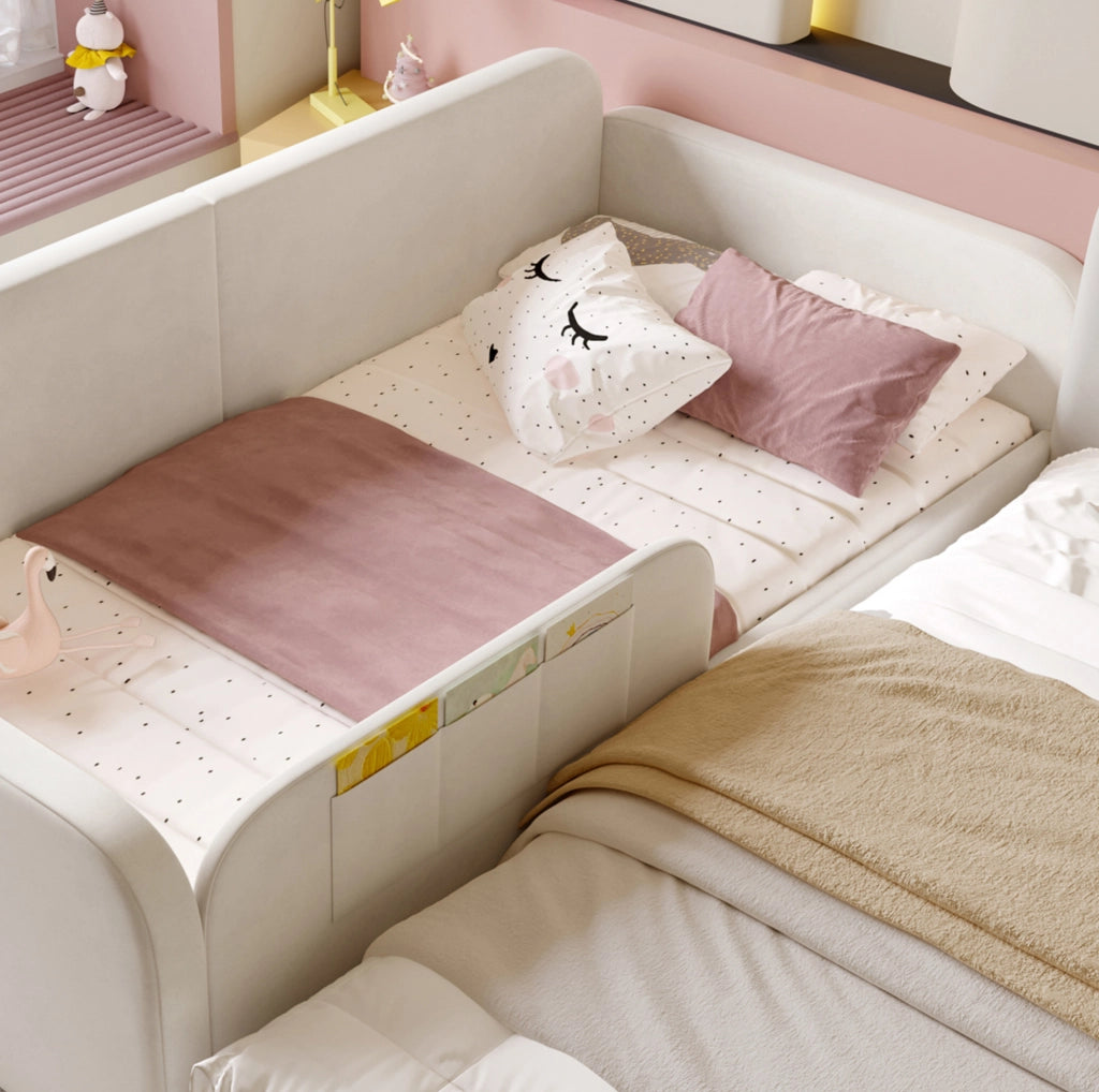 Letto singolo imbottito bianco 90x200 cm con cassetti e sponde rialzate