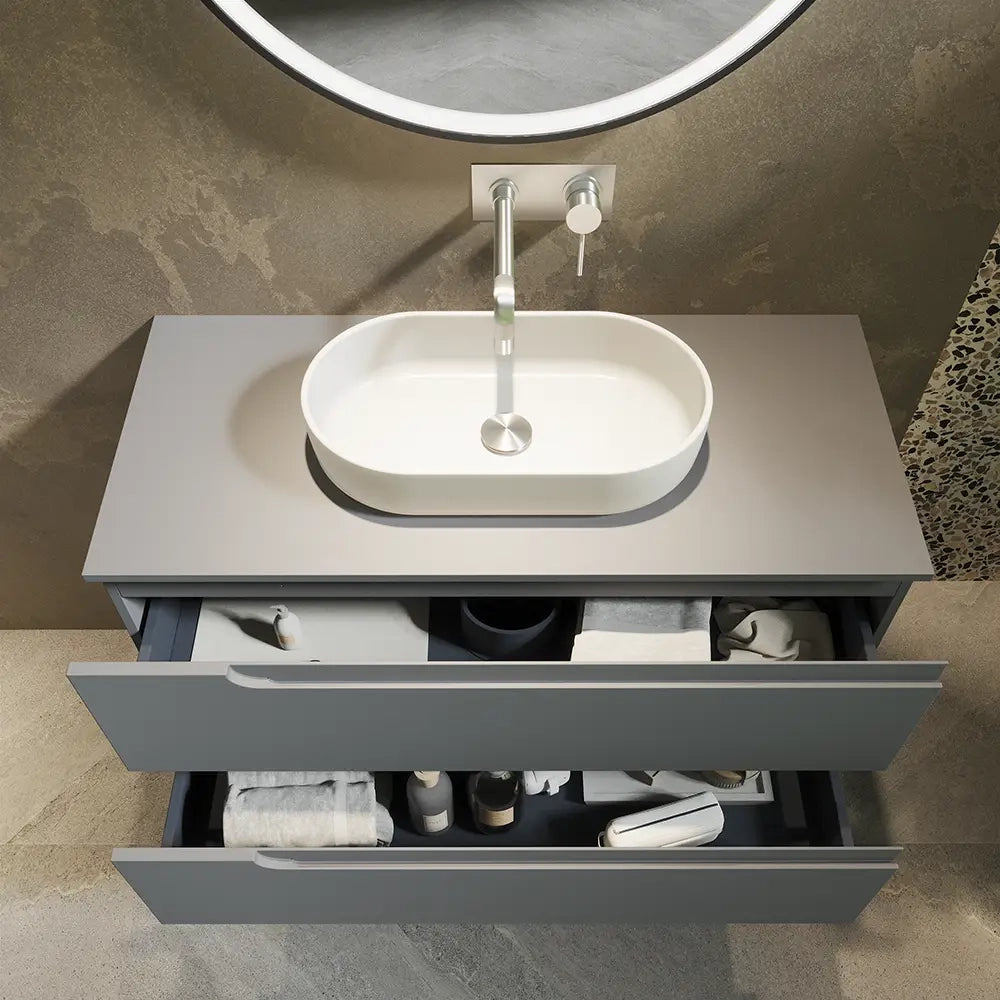 Mobile bagno sospeso 60 cm due cassetti color grigio opaco con top  | Moor