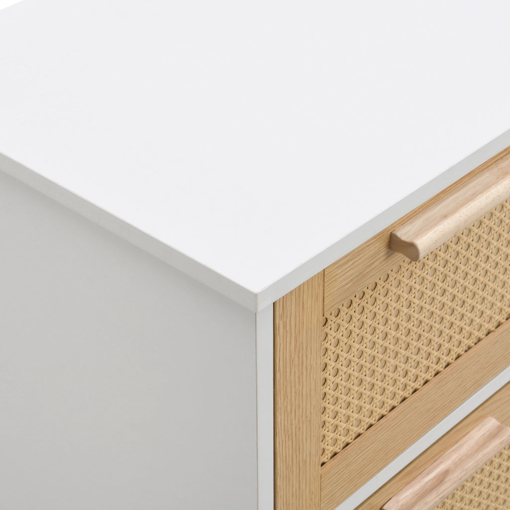 Comò a 4 cassetti con frontali in rattan, struttura in MDF e legno, naturale e bianco, per la casa, 80 × 38 × 80 cm