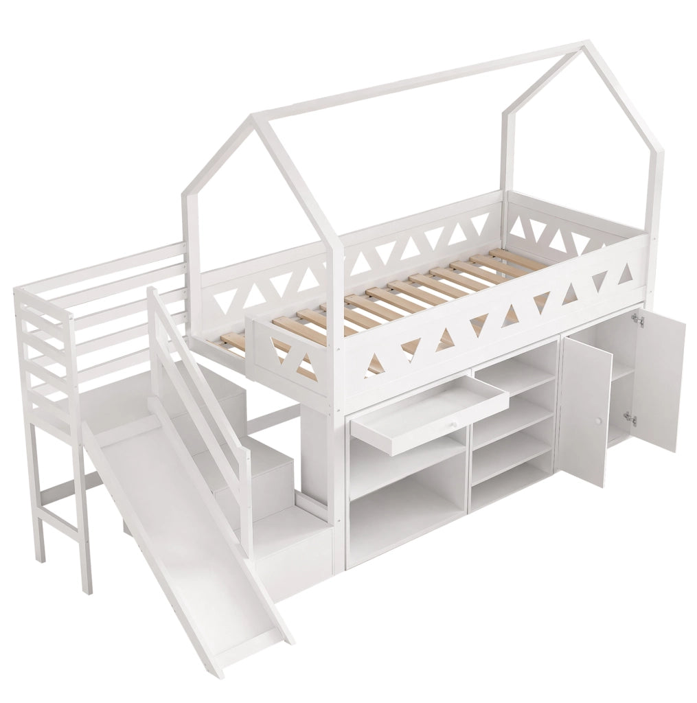 Letto singolo ULEVR 90x200 cm per bambini con scivolo, scale, cassetti e mobile contenitore, bianco