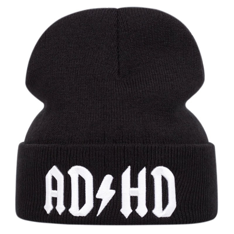 Cappelli invernali caldi lavorati a maglia con ricamo ADHD, neri