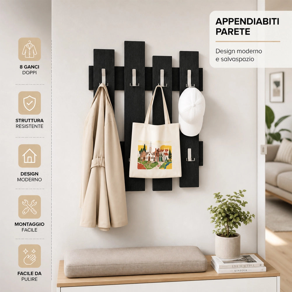 Appendiabiti da Muro Attaccapanni Montaggio Parete H79xl64xP4cm Legno Nero