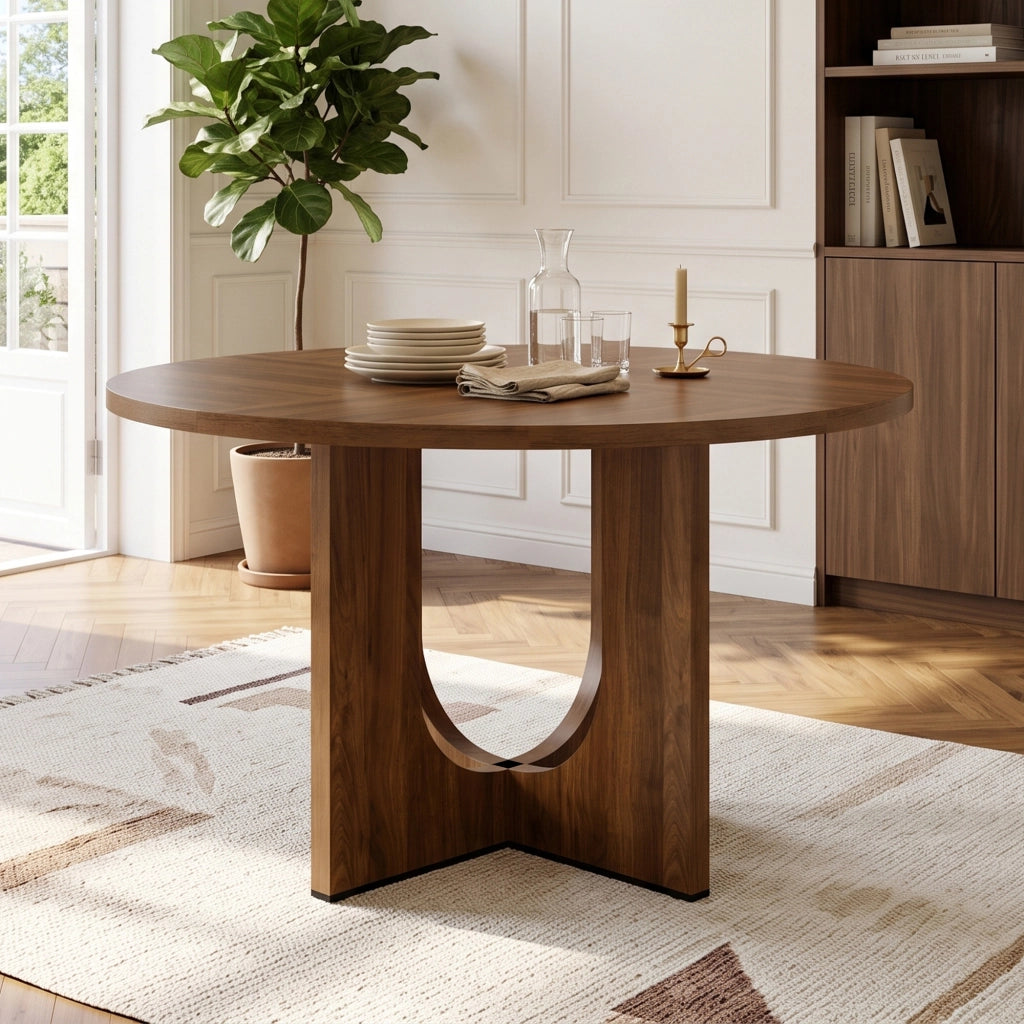 Tavolo da pranzo rotondo 120x120x75 cm per 4-6 persone; stile scandinavo minimalista; MDF effetto noce