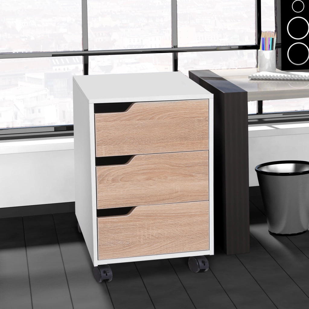 Cassettiera in MDF con 3 Cassetti e Ruote per Ufficio o Studio Bianca e Legno, 40x50x57.5cm