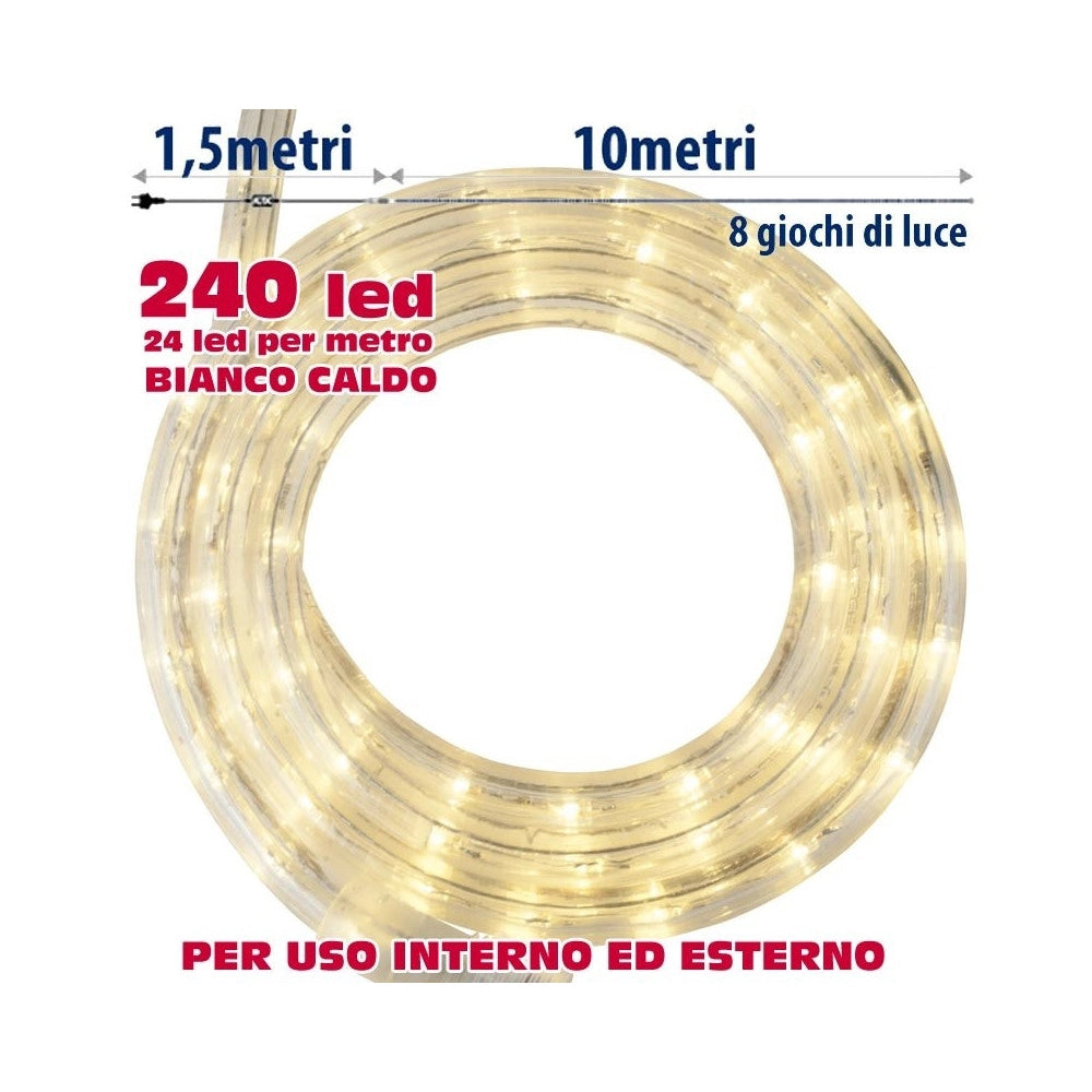 Trade Shop - Tubo Luminoso Natalizio 10 Metri Led Bianco Caldo Con Controller 8 Funzioni -