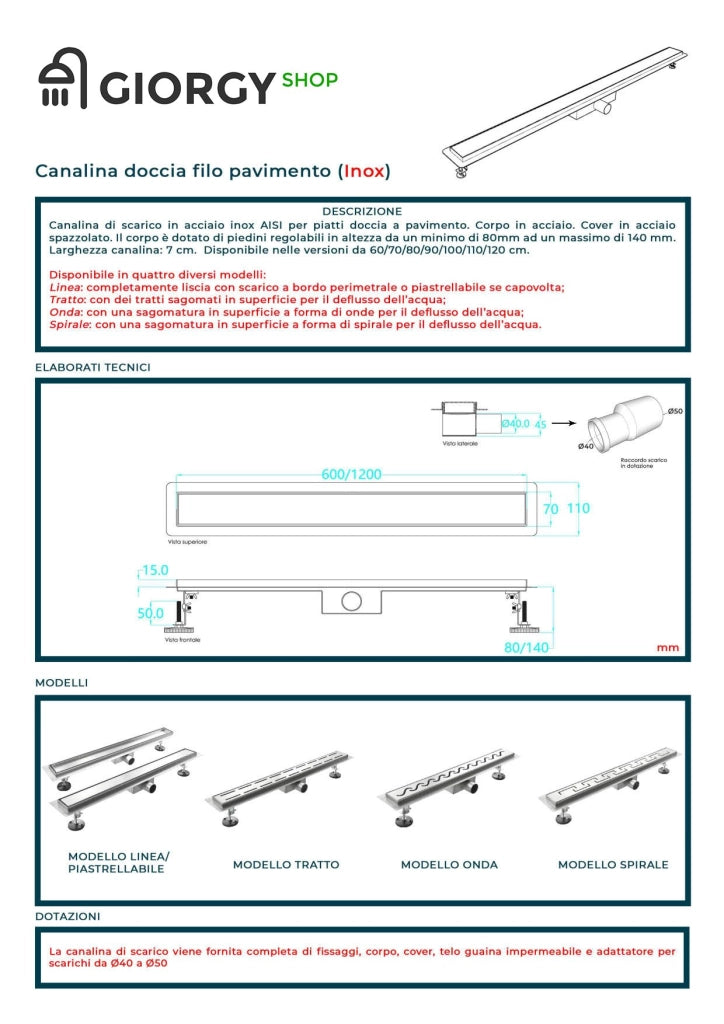 Canalina Di Scarico Per Piatto Doccia A Pavimento Acciaio Inox Modello Linea 60