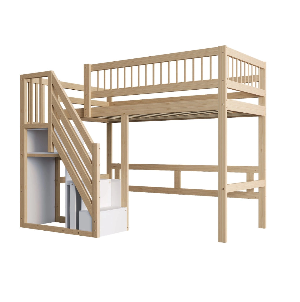 LETTO singolo 90x200 cm con scala contenitore, legno naturale