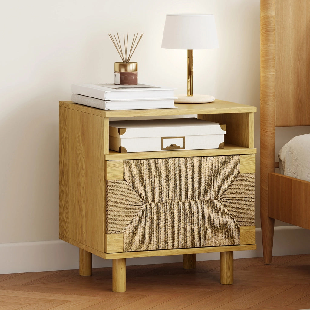 Comodino Bohemio con Porta in Carta Corda e Ripiano Aperto ¨C zephmum ¨C 45x39x50 cm Roble