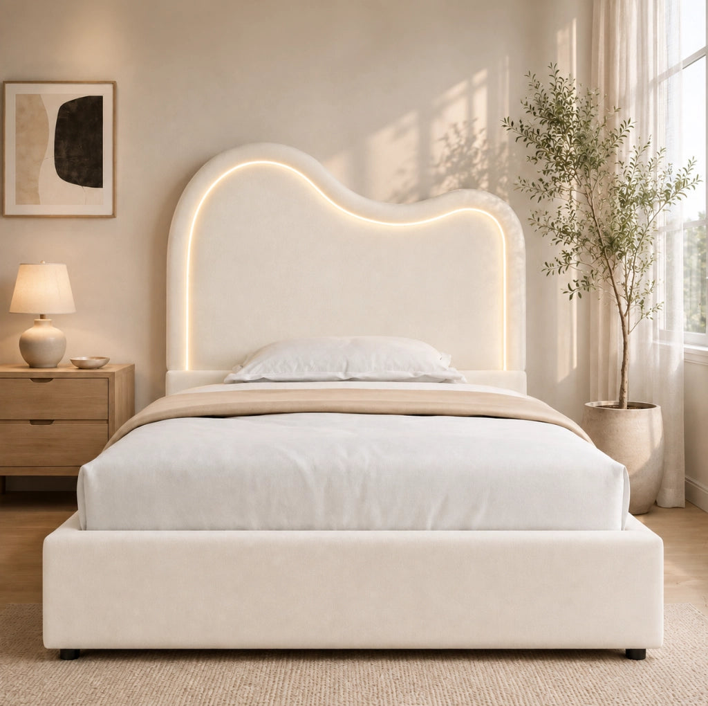 Letto singolo imbottito per bambini 90x200 cm con contenitore idraulico; rete a doghe e LED; beige