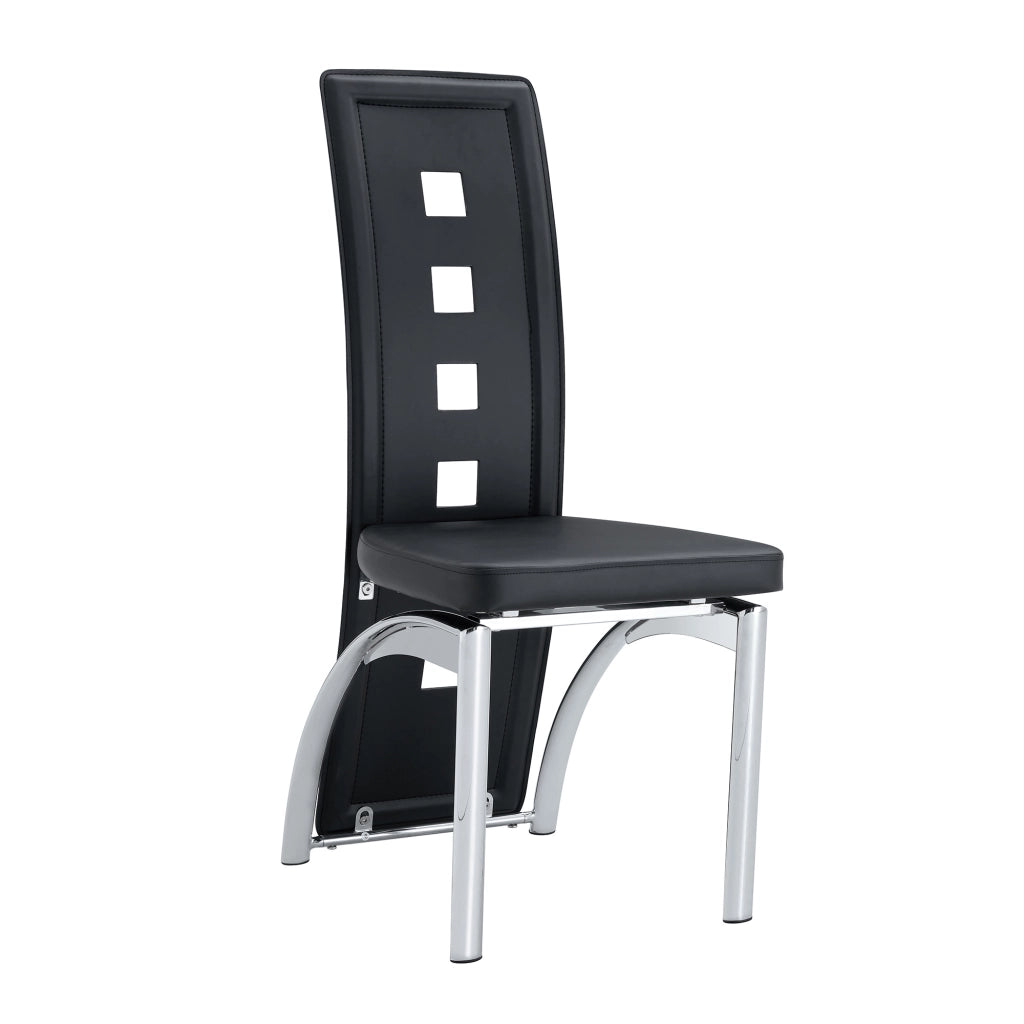 Sedie da pranzo in PU pelle con schienale traforato e gambe in metallo, set 2 pezzi, nero e argento