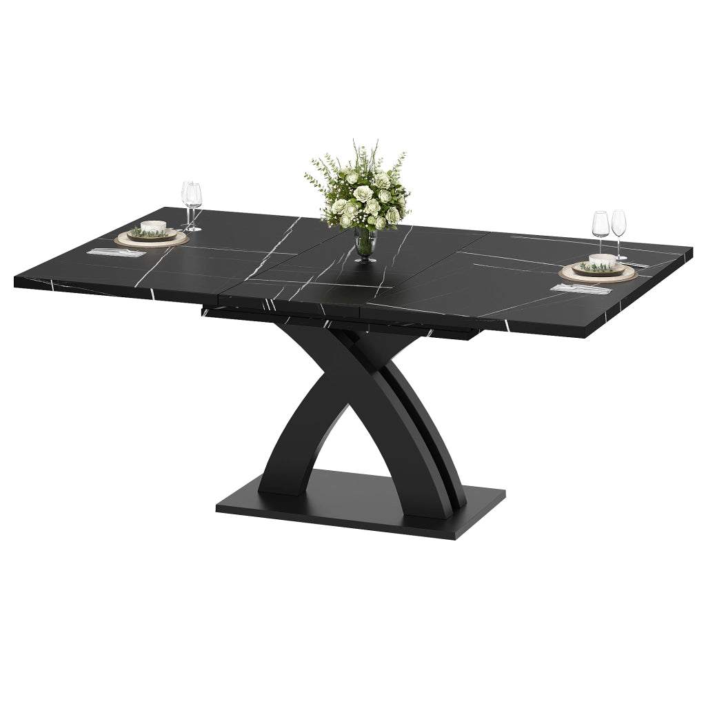 Tavolo da pranzo allungabile con struttura a X; piano in MDF e metallo; superficie nero e bianco per cucina; soggiorno e balcone