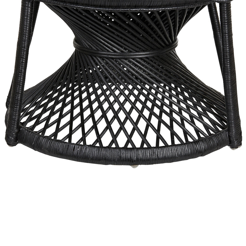 Poltrona rattan nero con cuscino elegante alla moda interni esterni boho coloniale e vintage