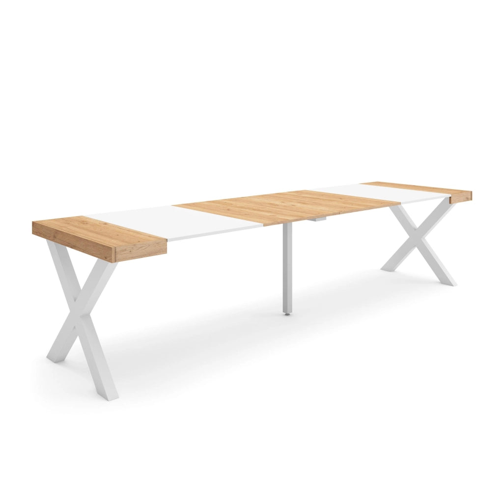 Consolle allungabile, 58 fino 302x90x73cm, Per 14 persone, Gambe in legno, colore Rovere e bianco RF2839