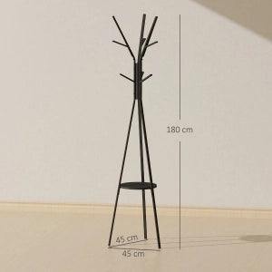 Appendiabiti da terra in metallo e MDF nero, 180 cm, con 3 barre, 8 ganci e piano d'appoggio