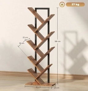 Libreria a 9 Ripiani a Forma di Albero in Acciaio, Marrone Rustico, 50x24x136 cm
