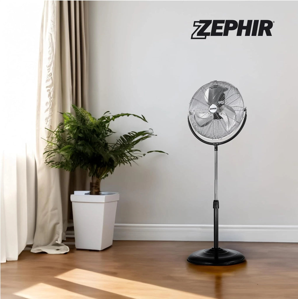 Zephir Ventilatore a Piantana Cromato 50 cm con Pale, 120W, 3 Velocità, Oscillazione Automatica, Altezza Regolabile 150 cm, Silenzioso per Grandi Ambienti