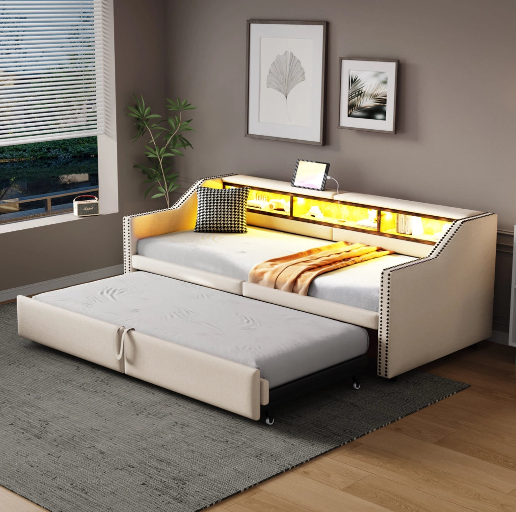 Letto imbottito estraibile 90/180 x 200 cm con vani portaoggetti; LED e USB; beige