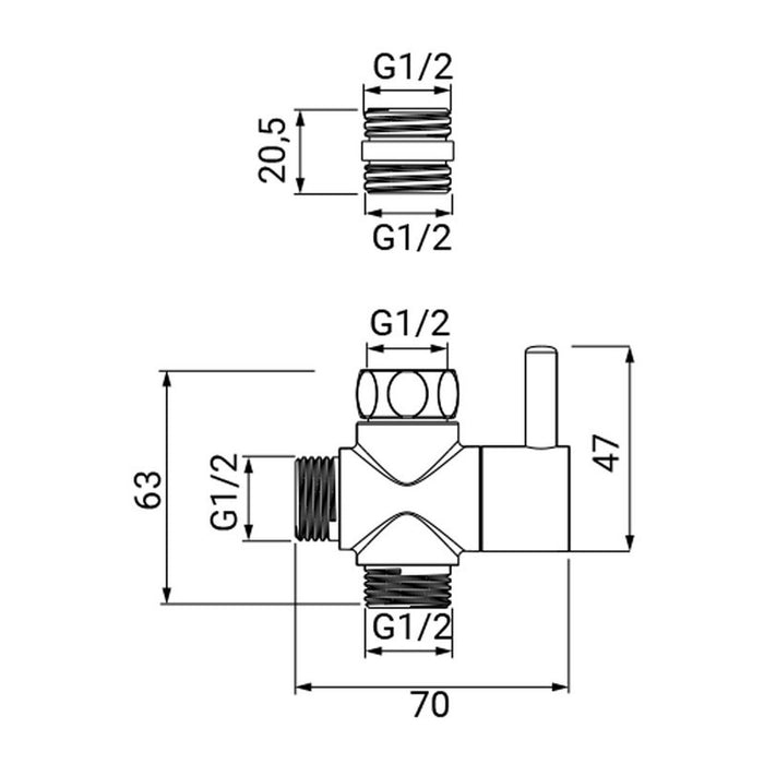 Deviatore universale a due vie in ottone con riduttore m/f