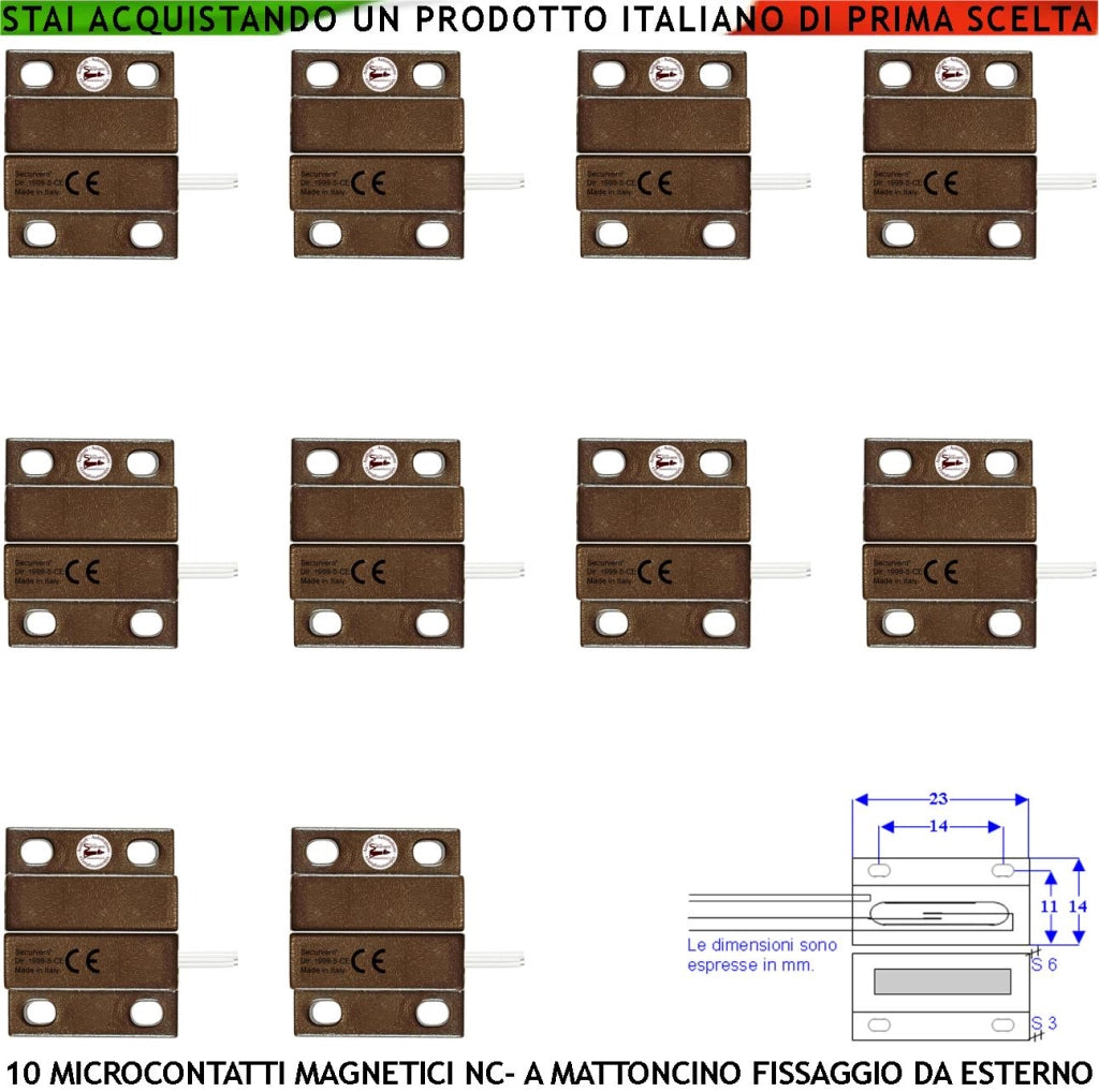 Sensore Magnetico Marrone Antifurto Per Infissi 10 Pezzi Mini Contatto Reed NC in Ampolla Sottovuoto Campo Attrazione 10 mm Tensione Max 100 V Corrente 1 A Fori di Fissaggio Protezione IP65 4 Fili