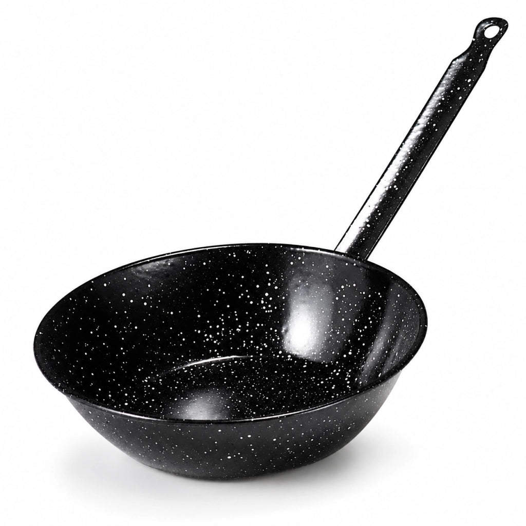 Padella Fonda Smaltata per Fritture,Wok, Cucina al Salto , Nera con Manico, Compatibile con Induzione, Gas, Cucina 24 cm