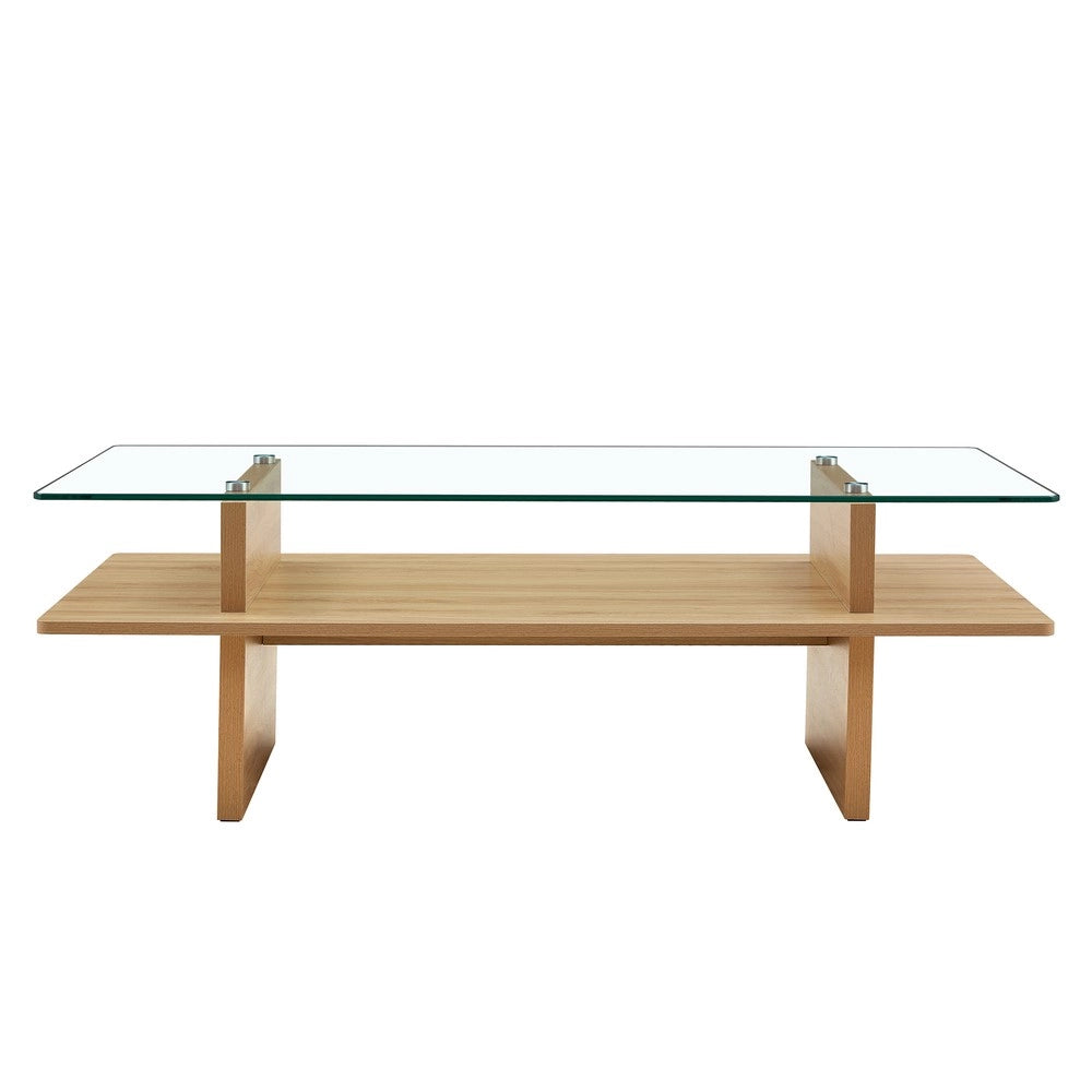 Tavolino da Caff¨¨ Doppio Piano ¨C MINIMAL ¨C Vetro Temperato e MDF, Finitura Legno Naturale, Moderno