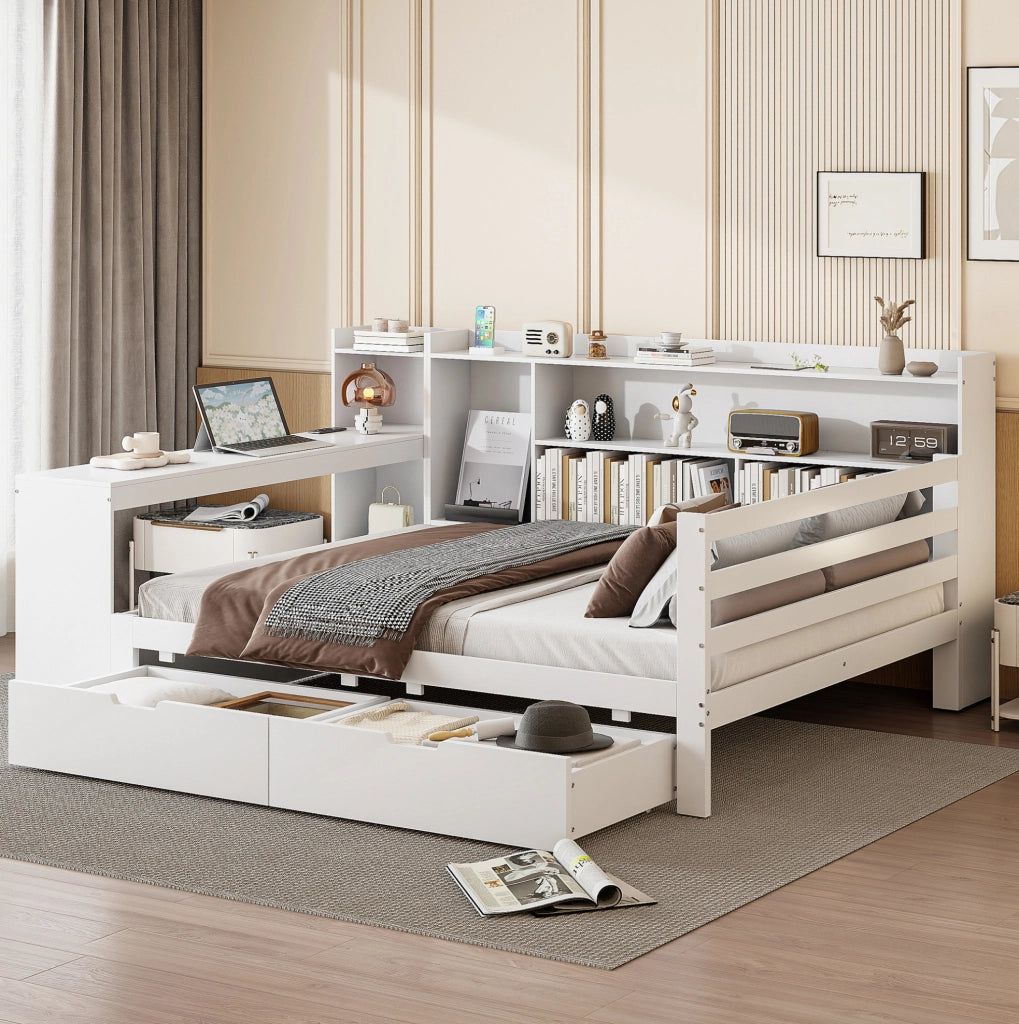 Divano letto multifunzionale con scrivania; libreria e prese USB; 140x200 cm; bianco