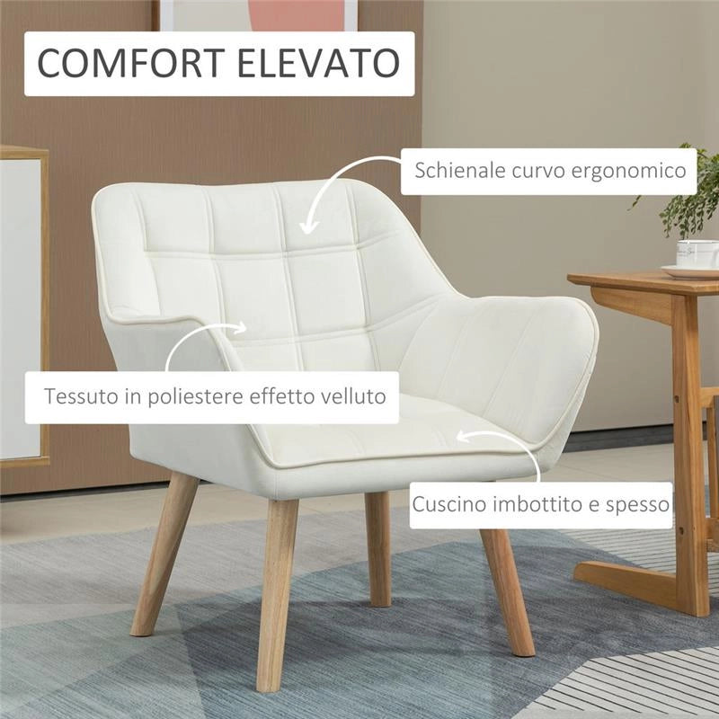 POLTRONA IN LEGNO ED EFFETTO VELLUTO 68.5 X 61 X 72.5 CM CREMA
