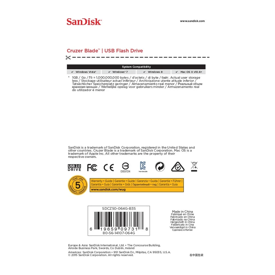 Chiavetta USB SanDisk Cruzer Blade da 64 GB USB Tipo-A 2.0 Nero, Rosso