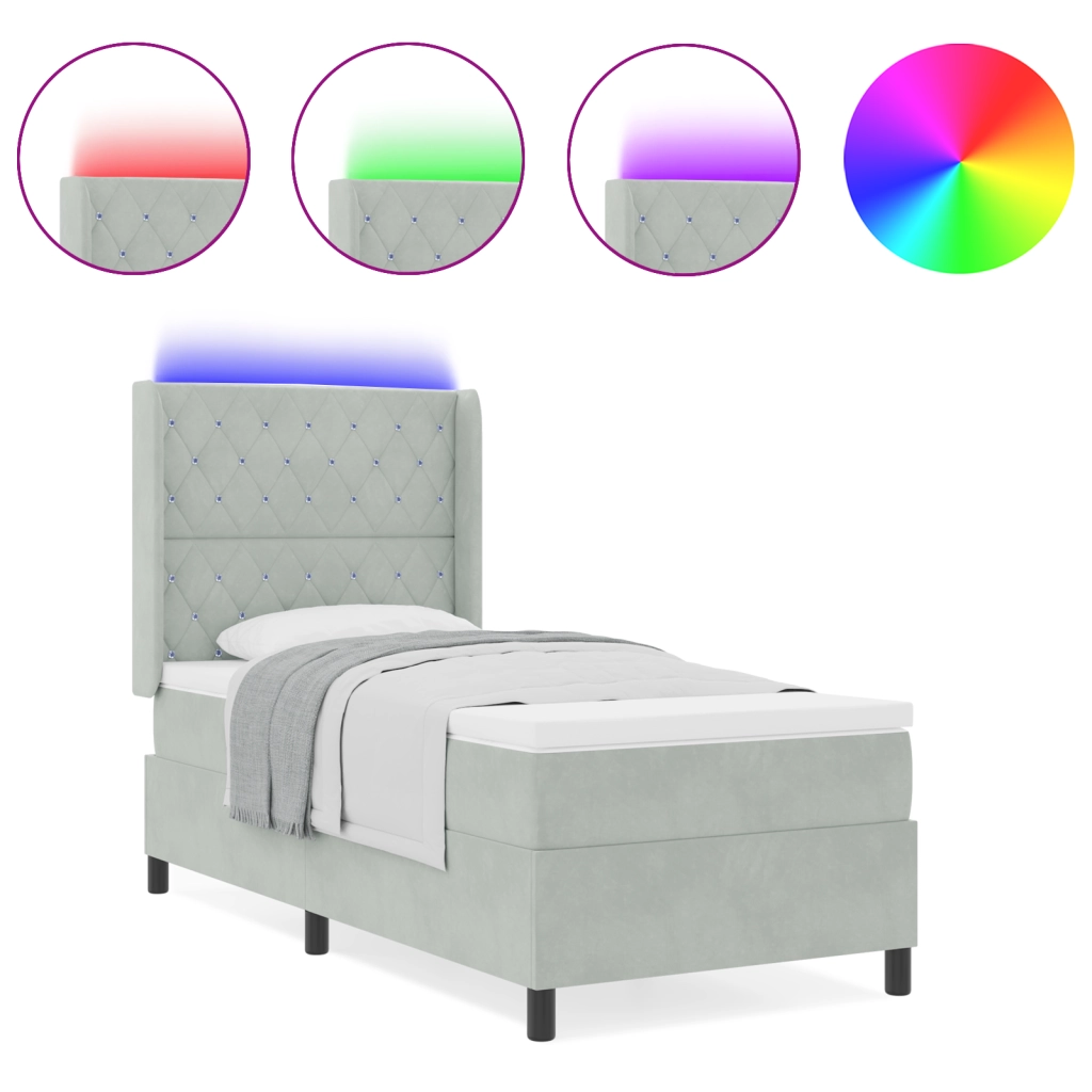 Letto a Molle con Materasso & Luce LED Grigio Chiaro 100x200 cm Velluto