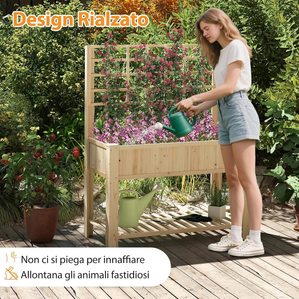 Letto da Giardino Rialzato, Fioriera Elevata con Traliccio, Mensola di Stoccaggio e Fori di Drenaggio, Orto Rialzato per Cortile, Giardino e Patio, 116 x 59 x 150 cm (Naturale)