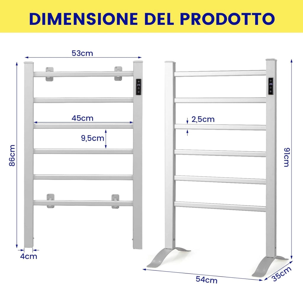 COSTWAY Scaldasalviette Riscaldato, con 6 Barre Riscaldate e Timer, Scaldasalviette Elettrico con Display LED Protezione Contro Surriscaldamento e Costante della Temperatura, in Alluminio