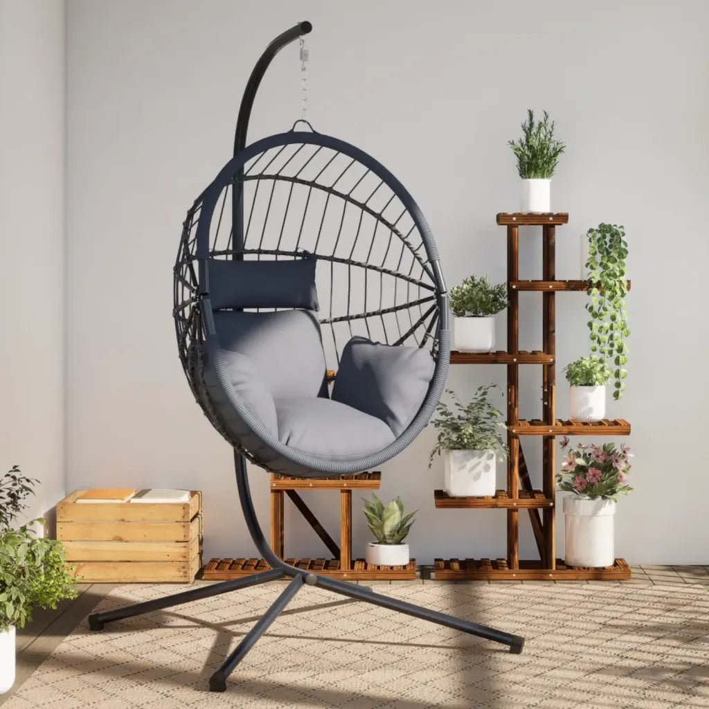 Sedia a Uovo Sospesa con Supporto Grigio in Rattan e Acciaio 4007407