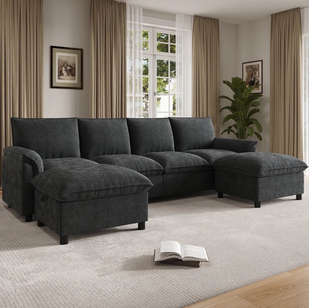 Divano con 2 pouf contenitore in ciniglia nero; 264;5x142;5x84 cm