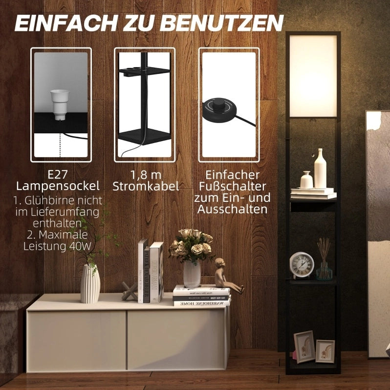 Lampada da terra ULEVR 26x26x159 cm con 3 ripiani, cassetto, USB-A, USB-C e presa, nero