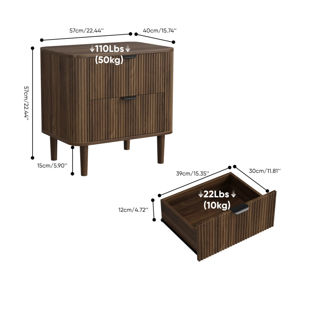 Comodino in MDF effetto noce con 2 cassetti e frontali scanalati